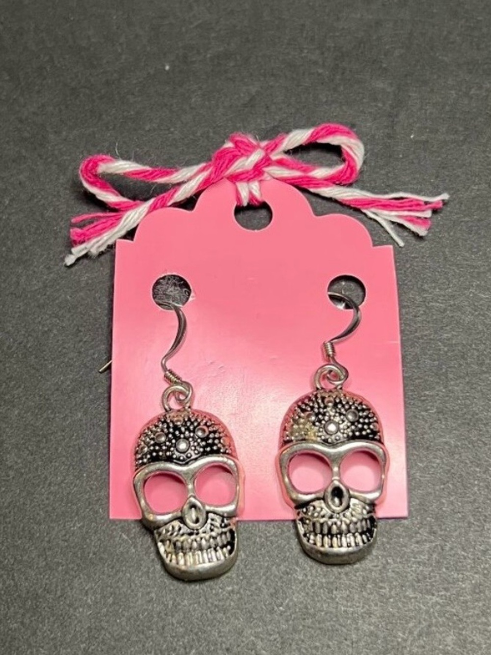 Gluttonous Gifts Silver Tone Studded Skull Halloween Dangle Drop Earrings 1.5"